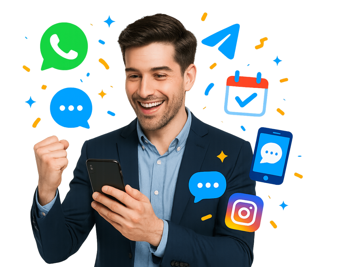 Darwin AI app chatbot replying on WhatsApp, Instagram and Telegram—collecting details and booking a time.